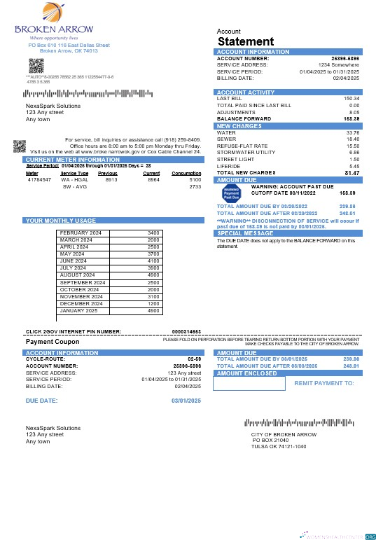 USA Oklahoma City of Broken Arrow business utility bill template in Word and PDF formats